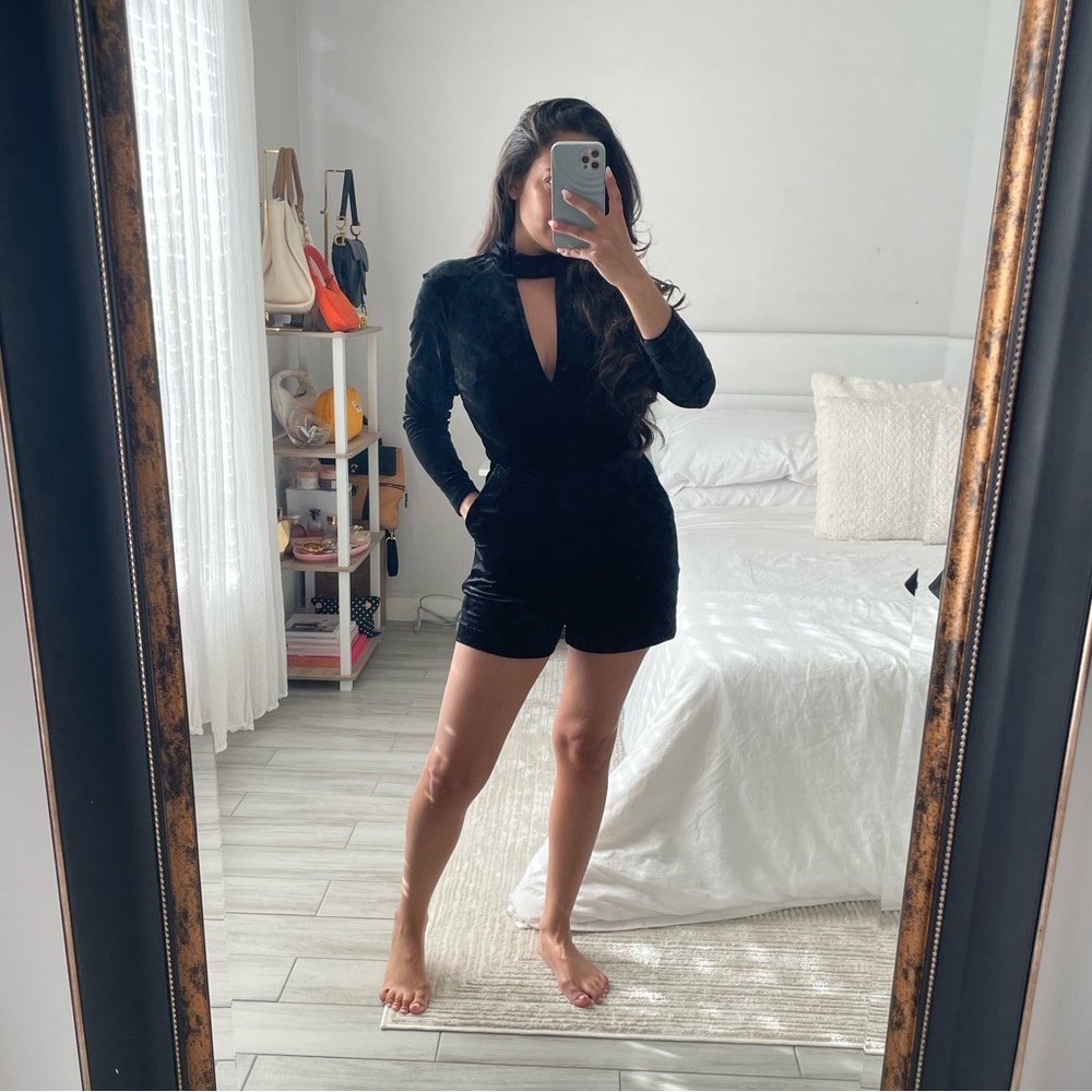 TOPSHOP Black Velvet Long Sleeve Romper